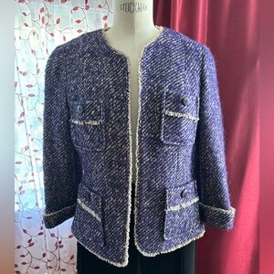 Talbots purple tweed jacket with frayed edging. NWT. Size 8P.